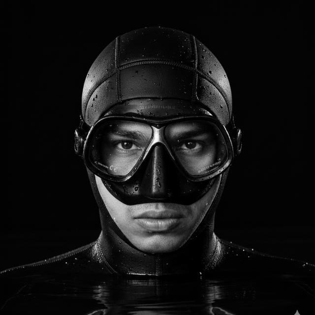 Close-up portrait of a freediver in mask and hood, focused before a dive